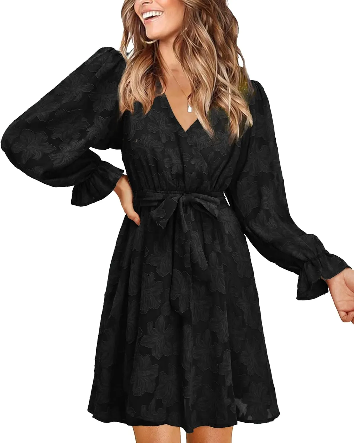 II ININ Women's Wedding Guest Dresses Long Sleeve Cocktail Dress Wrap V Neck Lace Tie Waist Mini Party Dress