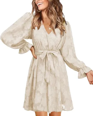 II ININ Women's Wedding Guest Dresses Long Sleeve Cocktail Dress Wrap V Neck Lace Tie Waist Mini Party Dress