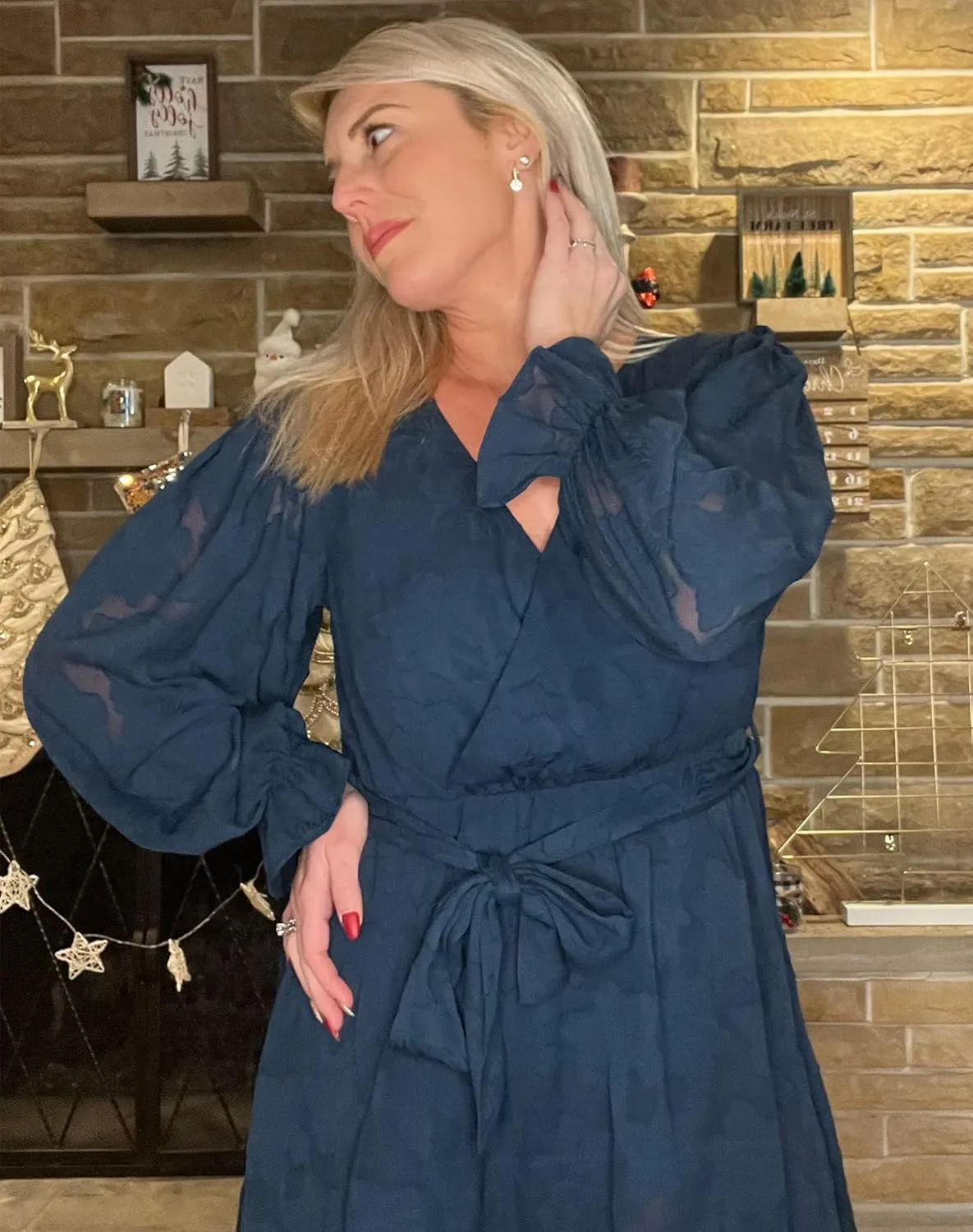 II ININ Women's Wedding Guest Dresses Long Sleeve Cocktail Dress Wrap V Neck Lace Tie Waist Mini Party Dress