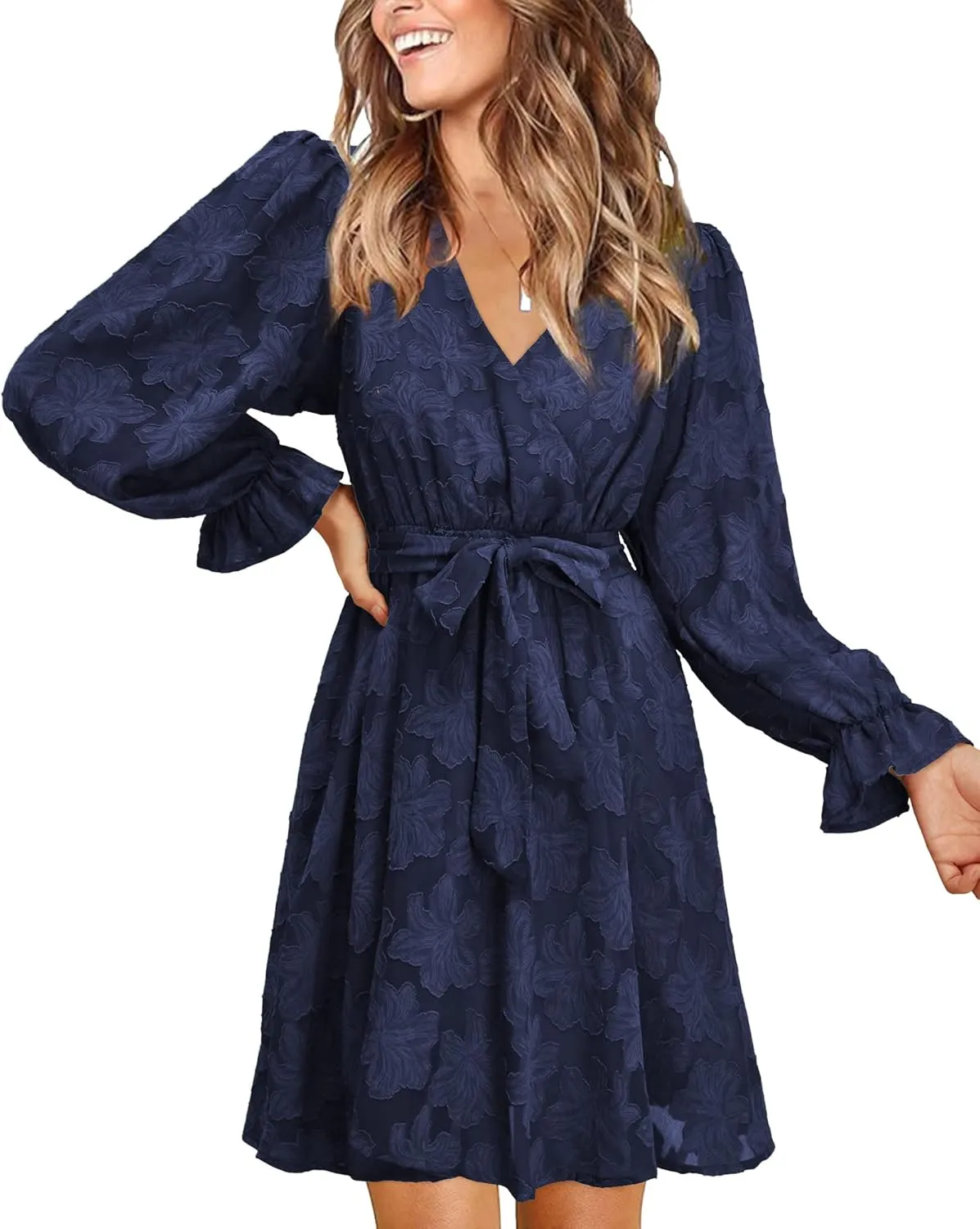 II ININ Women's Wedding Guest Dresses Long Sleeve Cocktail Dress Wrap V Neck Lace Tie Waist Mini Party Dress