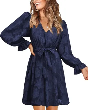 II ININ Women's Wedding Guest Dresses Long Sleeve Cocktail Dress Wrap V Neck Lace Tie Waist Mini Party Dress