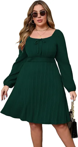 KOJOOIN Womens Plus Size Sweater Knit Dress Square Neck Long Sleeves Tie Front Casual Midi Pullover Fall Dress with Pockets