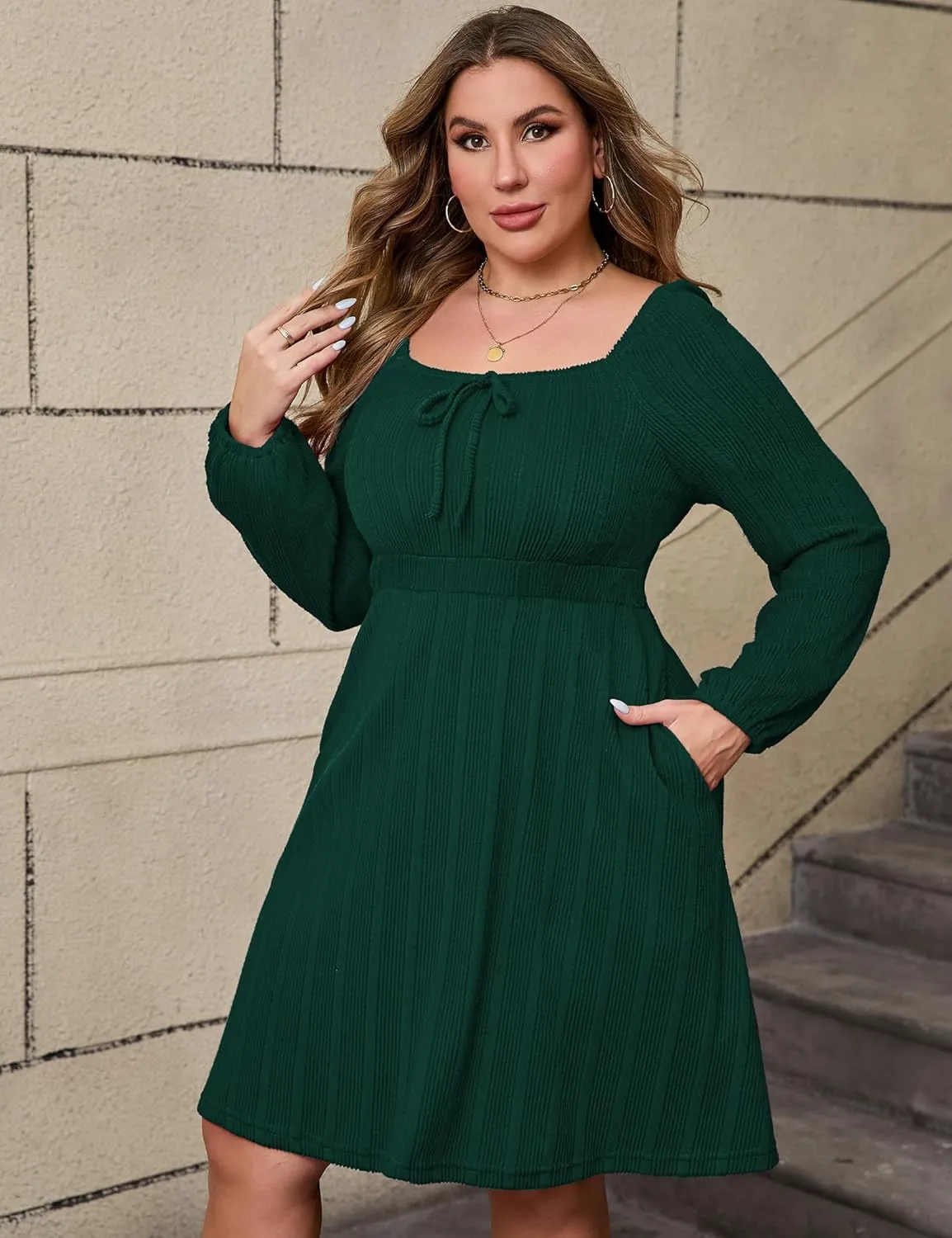 KOJOOIN Womens Plus Size Sweater Knit Dress Square Neck Long Sleeves Tie Front Casual Midi Pullover Fall Dress with Pockets