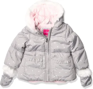 LONDON FOG girls Faux Fur Bottom and Hood Matte Shimmer Satin Jacket