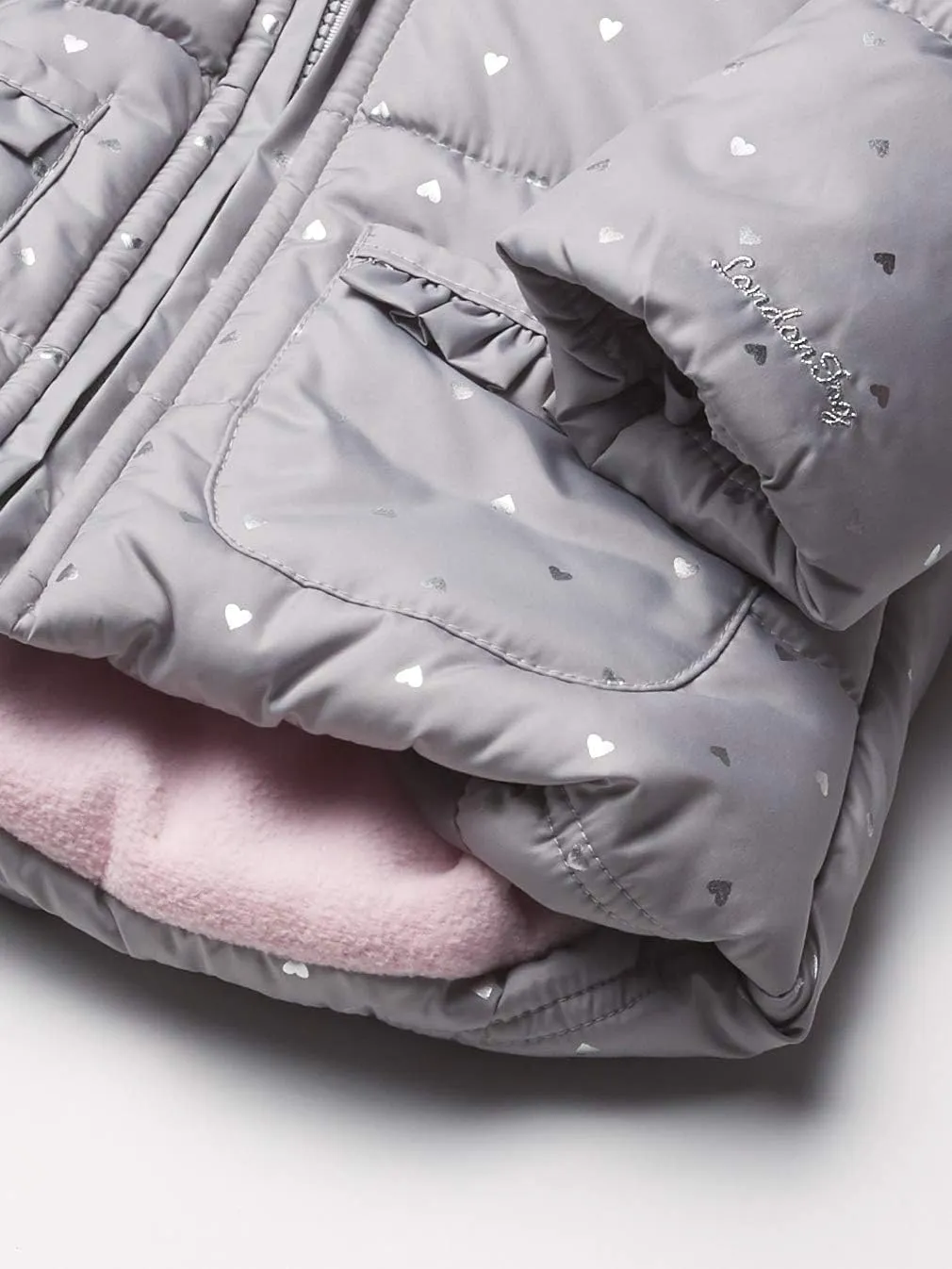 LONDON FOG girls Faux Fur Bottom and Hood Matte Shimmer Satin Jacket