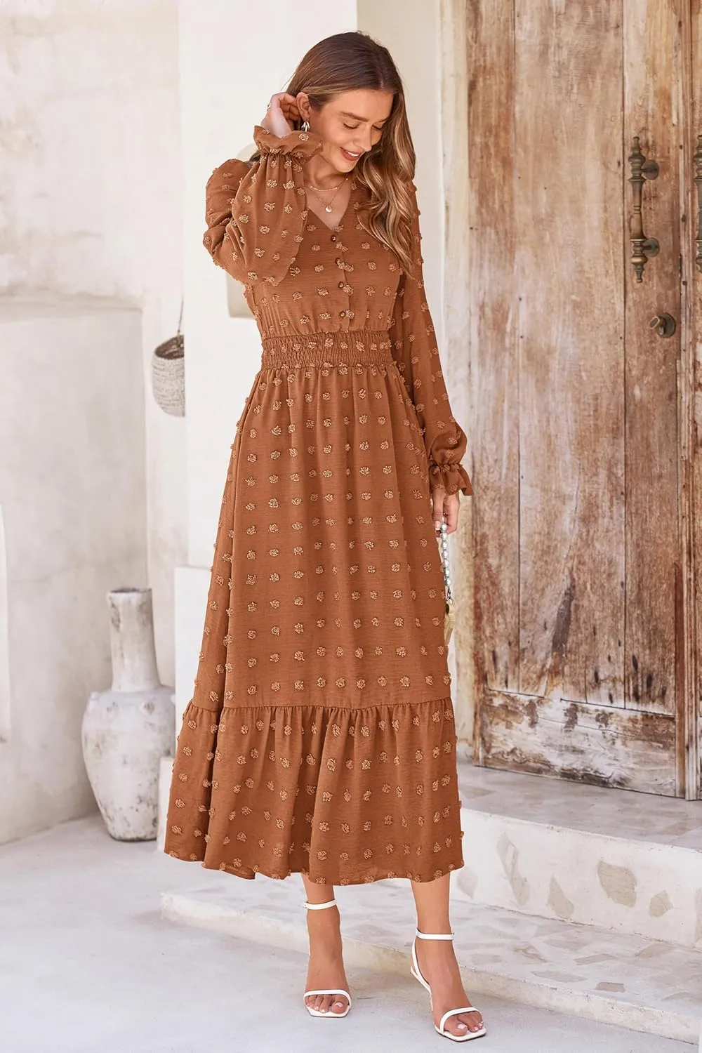 MASCOMODA Women Maxi Dress 2025 Fall Long Sleeve V Neck Swiss Dot Boho Smocked High Waisted A-Line Tiered Flowy Long Dresses