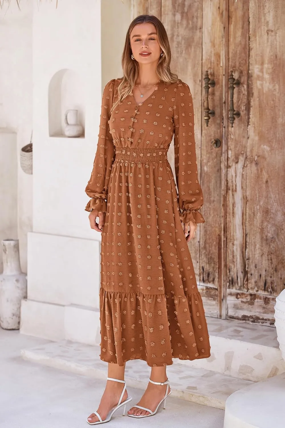 MASCOMODA Women Maxi Dress 2025 Fall Long Sleeve V Neck Swiss Dot Boho Smocked High Waisted A-Line Tiered Flowy Long Dresses