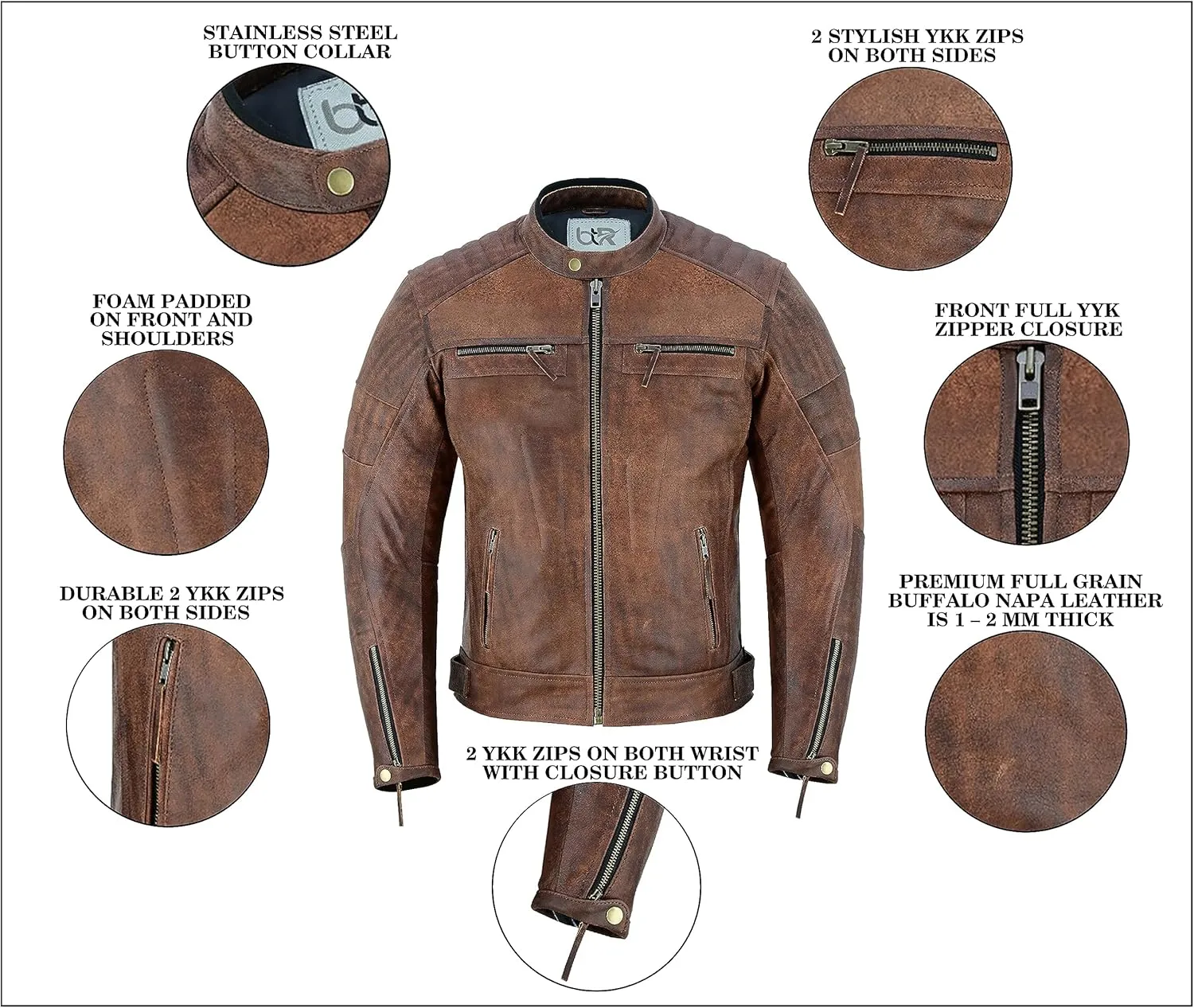 Men's Motorbike Leather Jacket Distress Zip Up Bikers Riding Protection Motorcycle Leather Jackets