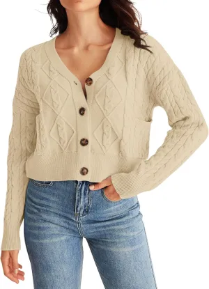 MEROKEETY Women's Long Sleeve Open Front Cable Knit Crop Cardigans V Neck Button Sweaters with Pockets