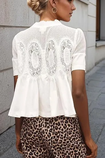 MISSACTIVER Women Lace Trim Short Sleeve Blouse Swing Crew Neck Ruffle Hem Mesh Shirts Summer Loose Poplin Babydoll Tops