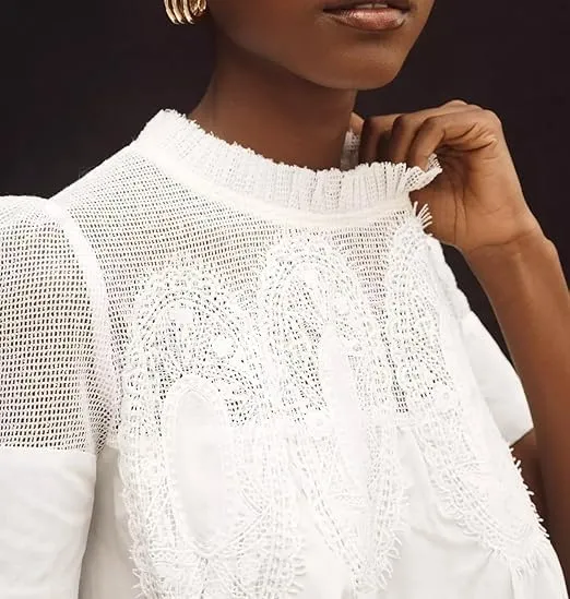 MISSACTIVER Women Lace Trim Short Sleeve Blouse Swing Crew Neck Ruffle Hem Mesh Shirts Summer Loose Poplin Babydoll Tops