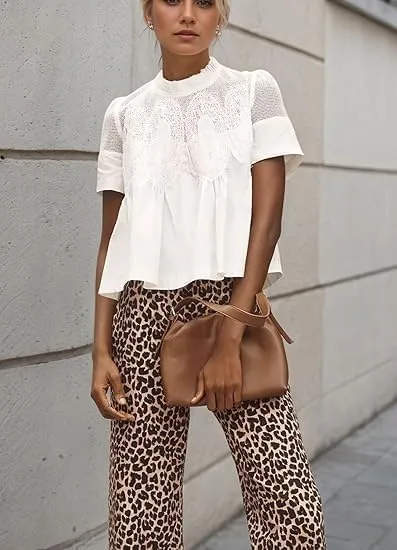 MISSACTIVER Women Lace Trim Short Sleeve Blouse Swing Crew Neck Ruffle Hem Mesh Shirts Summer Loose Poplin Babydoll Tops