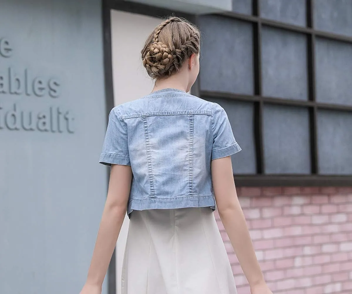 Only Faith Summer Womens Crew-neck Denim Jacket Short Sleeve Jean Coat Tops