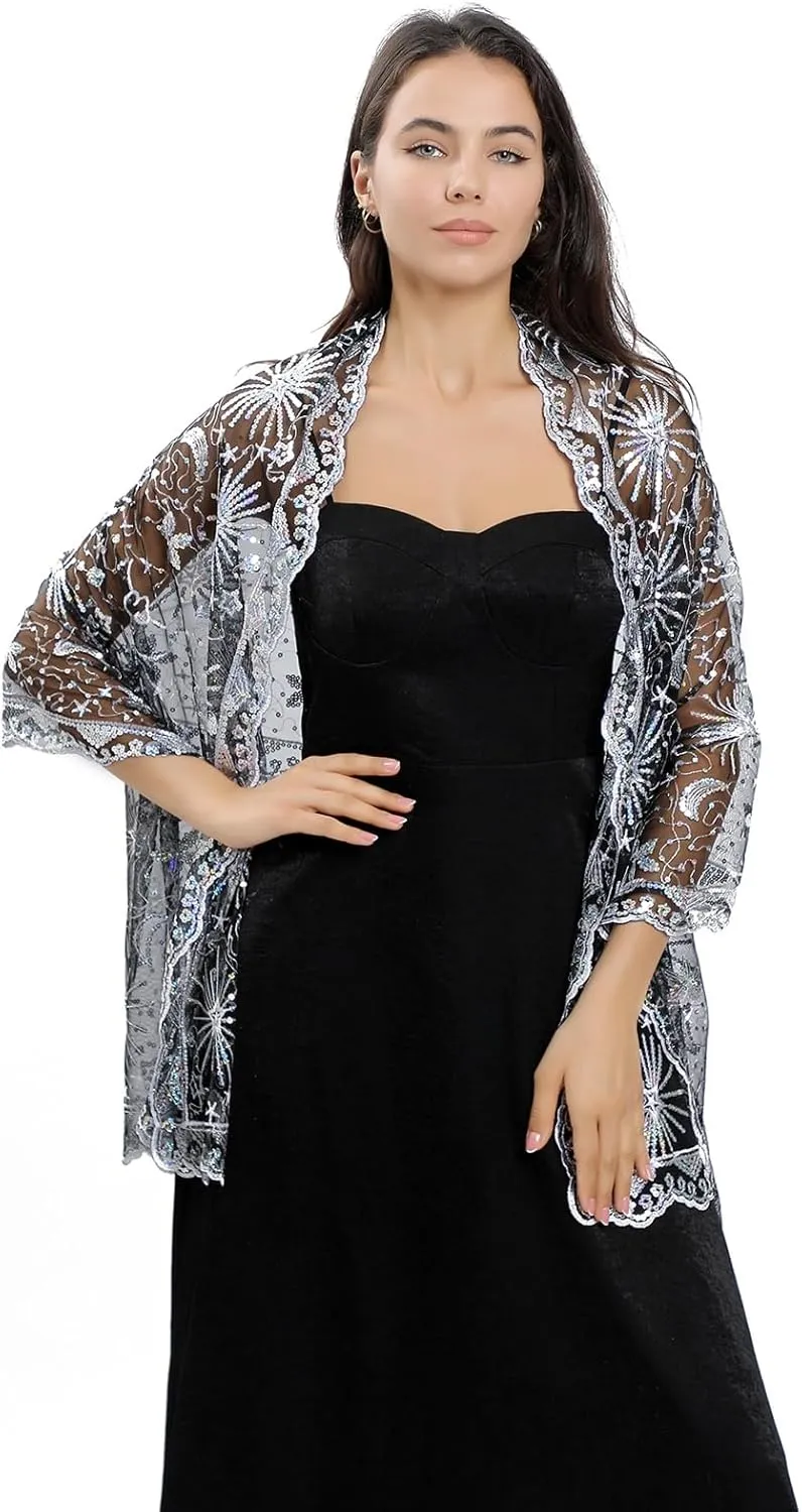 OurLore Women's Glittering 1920s Shawl Scarf Mesh Sequin Wedding Bridal Cape Fringed Evening Wraps Shawls