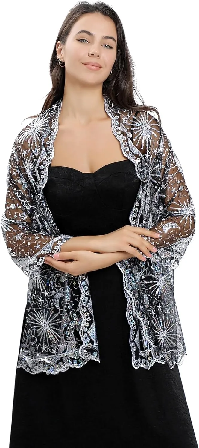 OurLore Women's Glittering 1920s Shawl Scarf Mesh Sequin Wedding Bridal Cape Fringed Evening Wraps Shawls