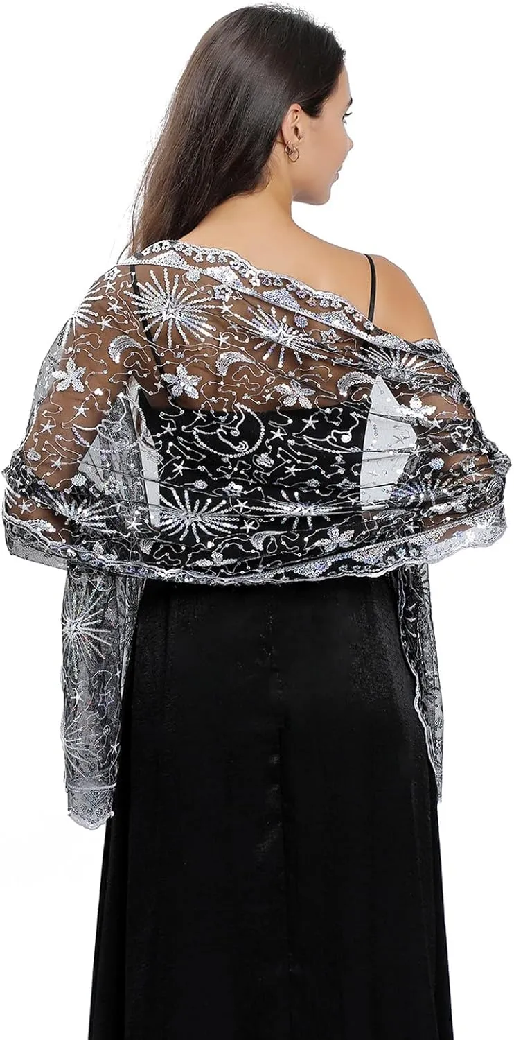 OurLore Women's Glittering 1920s Shawl Scarf Mesh Sequin Wedding Bridal Cape Fringed Evening Wraps Shawls