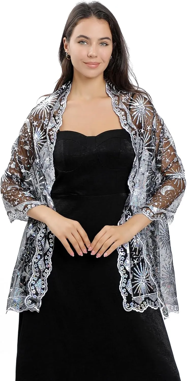 OurLore Women's Glittering 1920s Shawl Scarf Mesh Sequin Wedding Bridal Cape Fringed Evening Wraps Shawls