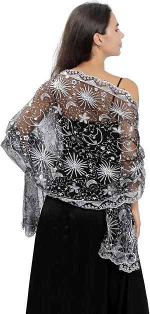 OurLore Women's Glittering 1920s Shawl Scarf Mesh Sequin Wedding Bridal Cape Fringed Evening Wraps Shawls