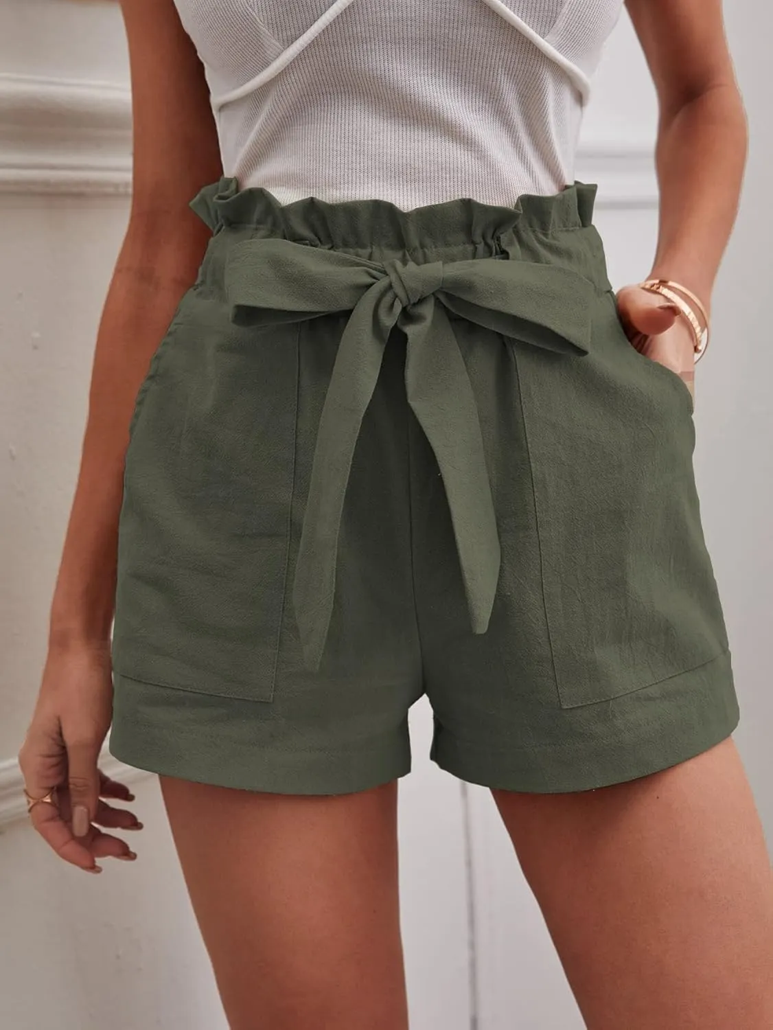 OYOANGLE Women's Paperbag Waist Belted Wide Leg Shorts Solid Casual Shorts with Pocket