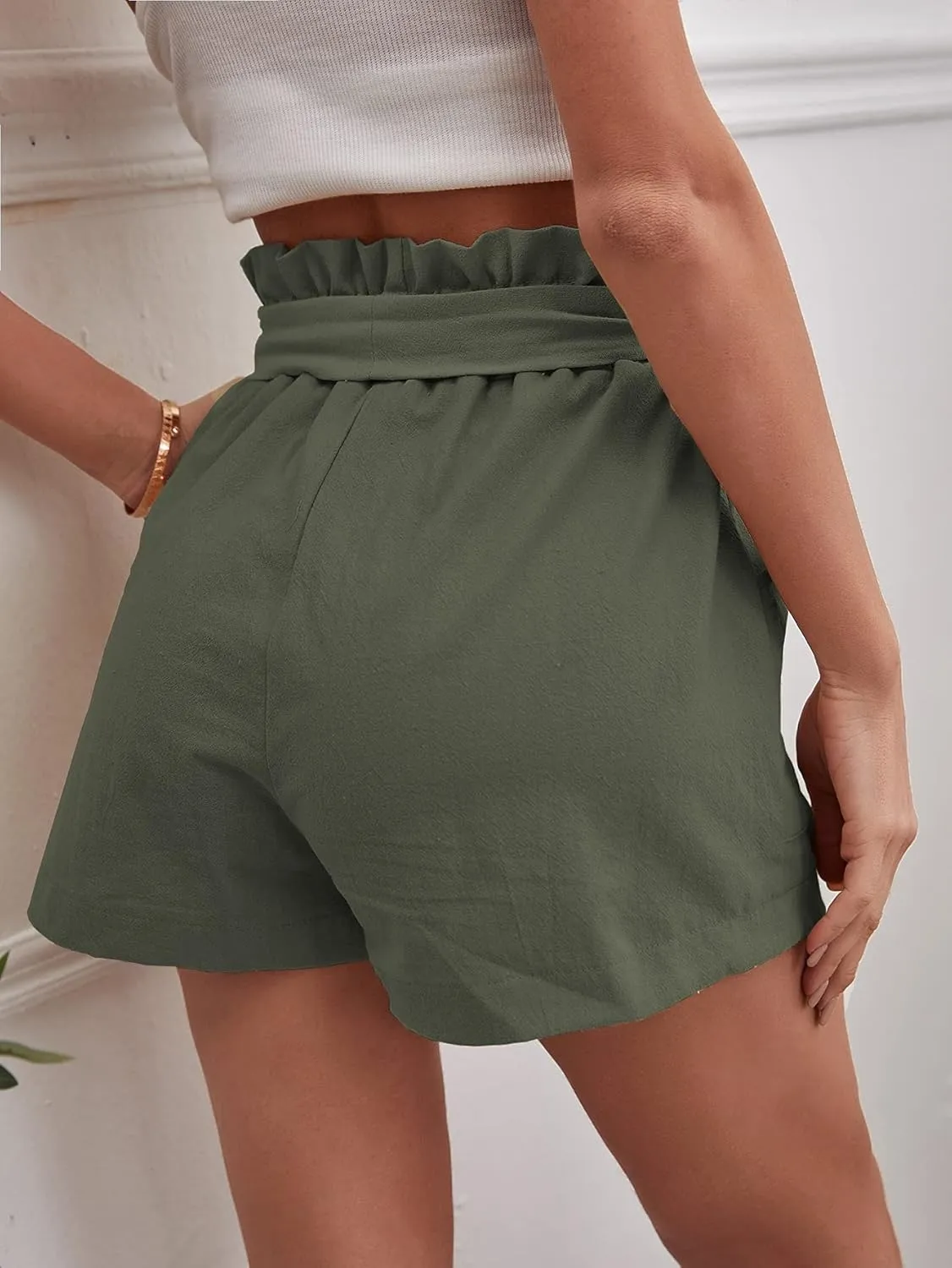 OYOANGLE Women's Paperbag Waist Belted Wide Leg Shorts Solid Casual Shorts with Pocket
