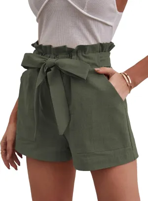 OYOANGLE Women's Paperbag Waist Belted Wide Leg Shorts Solid Casual Shorts with Pocket