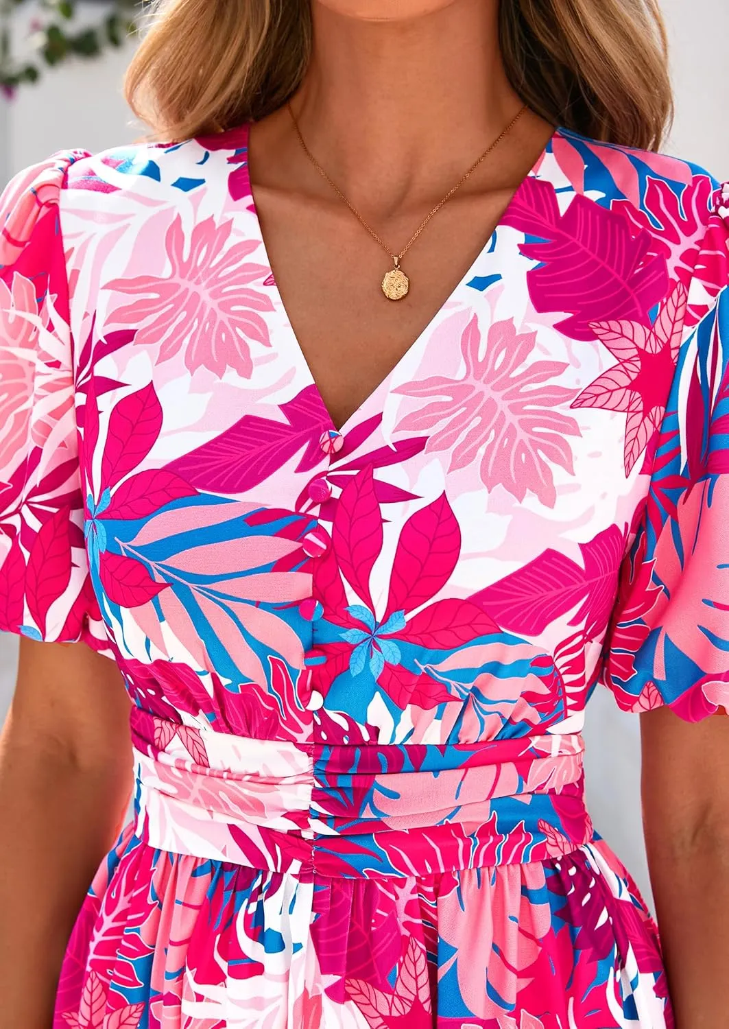 PRETTYGARDEN Summer Maxi Dresses for Women 2025 Floral V Neck Puff Sleeve Empire Waist A Line Flowy Long Beach Boho Dress