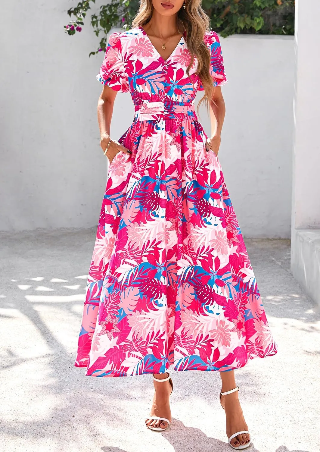 PRETTYGARDEN Summer Maxi Dresses for Women 2025 Floral V Neck Puff Sleeve Empire Waist A Line Flowy Long Beach Boho Dress