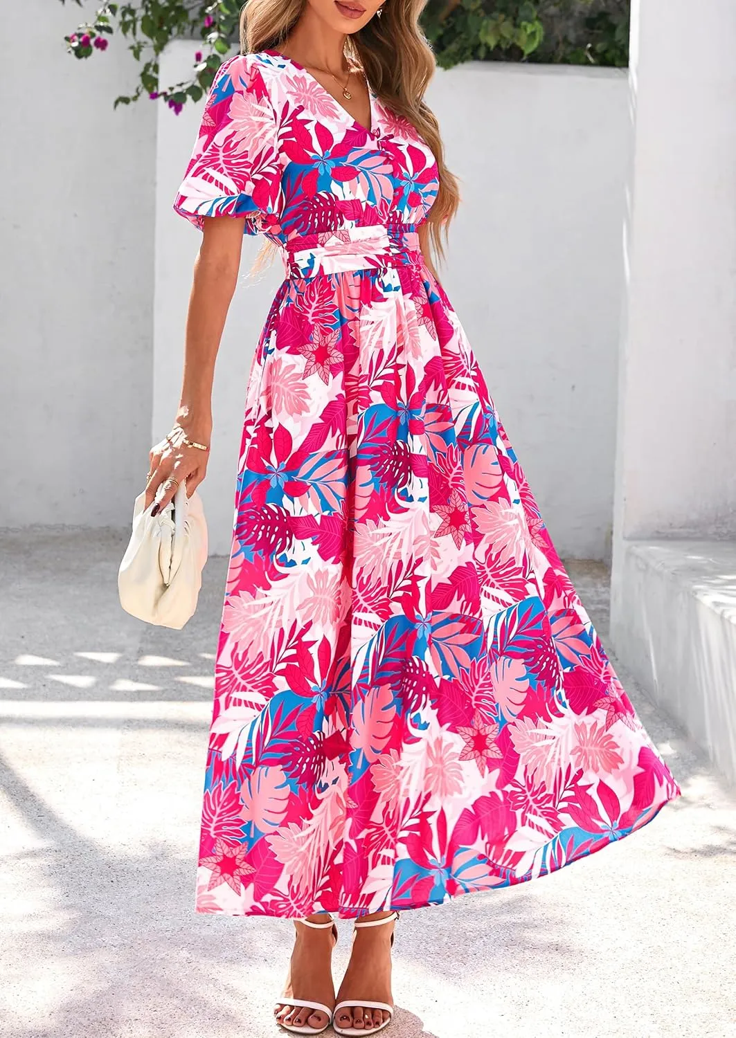 PRETTYGARDEN Summer Maxi Dresses for Women 2025 Floral V Neck Puff Sleeve Empire Waist A Line Flowy Long Beach Boho Dress