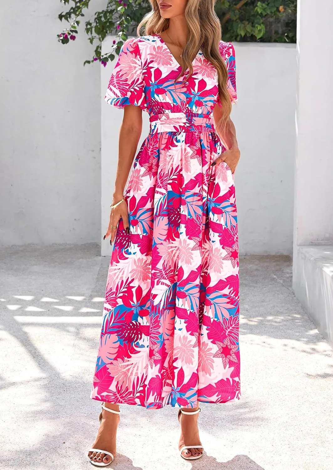 PRETTYGARDEN Summer Maxi Dresses for Women 2025 Floral V Neck Puff Sleeve Empire Waist A Line Flowy Long Beach Boho Dress