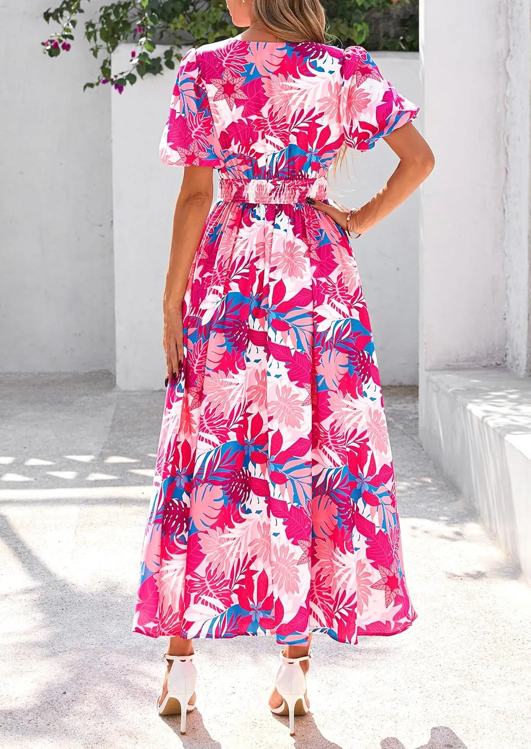 PRETTYGARDEN Summer Maxi Dresses for Women 2025 Floral V Neck Puff Sleeve Empire Waist A Line Flowy Long Beach Boho Dress