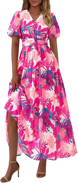 PRETTYGARDEN Summer Maxi Dresses for Women 2025 Floral V Neck Puff Sleeve Empire Waist A Line Flowy Long Beach Boho Dress