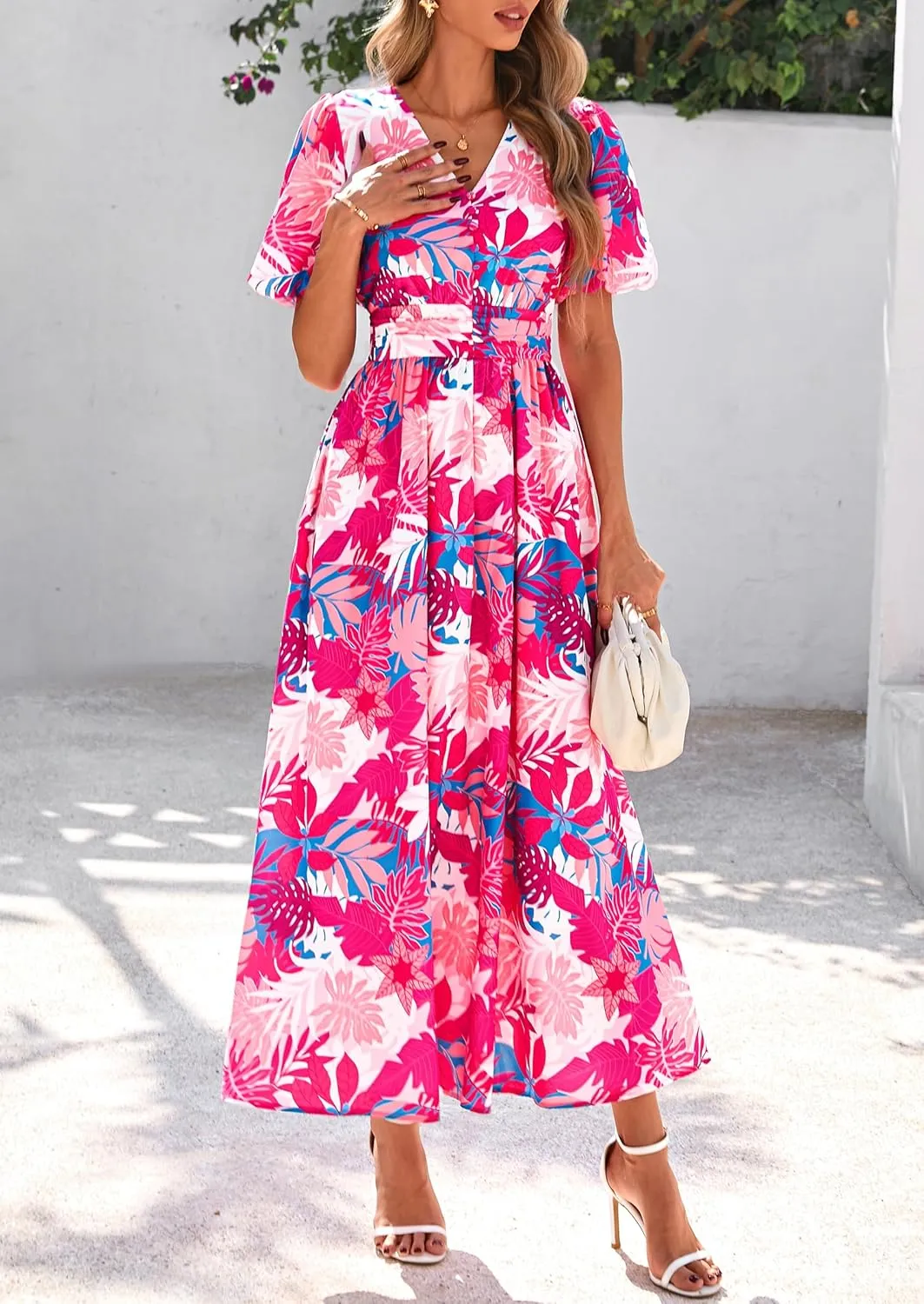 PRETTYGARDEN Summer Maxi Dresses for Women 2025 Floral V Neck Puff Sleeve Empire Waist A Line Flowy Long Beach Boho Dress