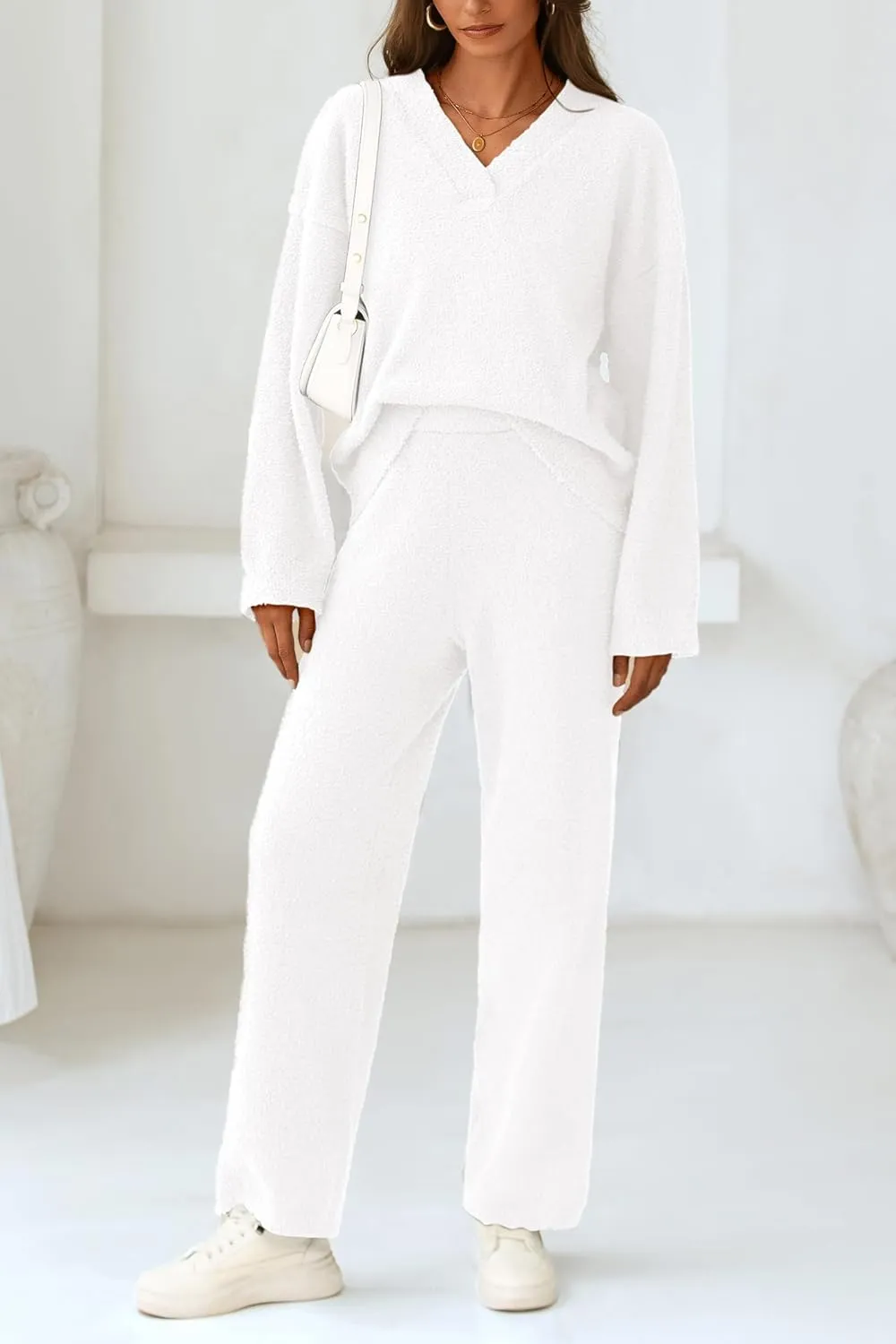 PRETTYGARDEN Women's 2 Piece Pullover Sweater Set Oversized V Neck Top Wide Leg Pants Fall Winter Fuzzy Lounge Outfit