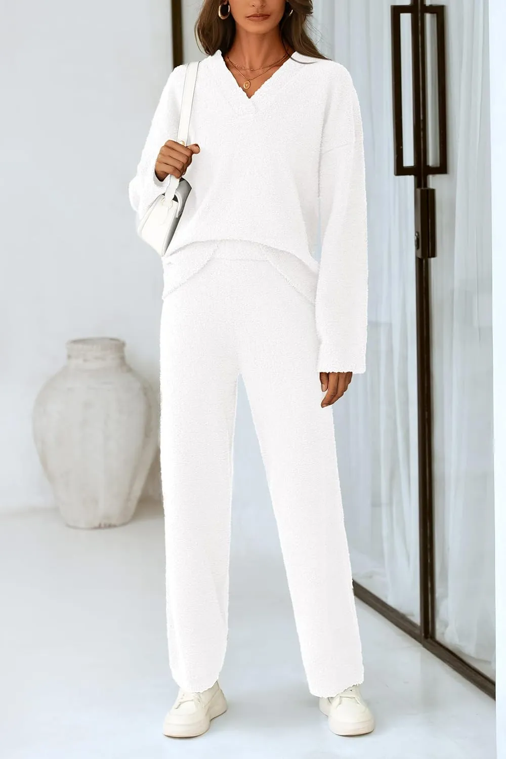 PRETTYGARDEN Women's 2 Piece Pullover Sweater Set Oversized V Neck Top Wide Leg Pants Fall Winter Fuzzy Lounge Outfit