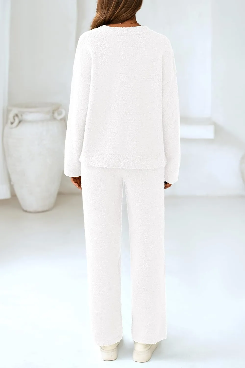 PRETTYGARDEN Women's 2 Piece Pullover Sweater Set Oversized V Neck Top Wide Leg Pants Fall Winter Fuzzy Lounge Outfit