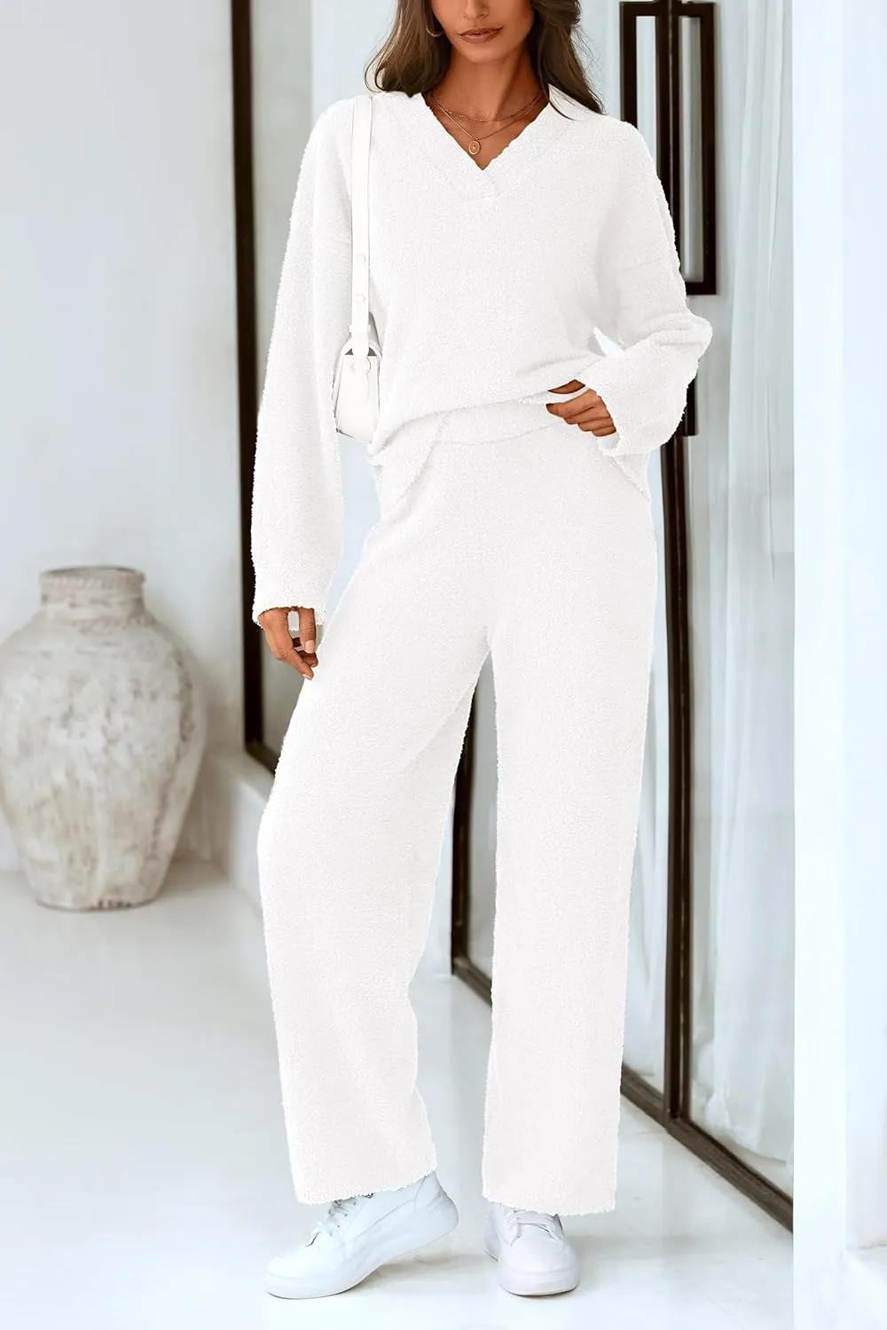 PRETTYGARDEN Women's 2 Piece Pullover Sweater Set Oversized V Neck Top Wide Leg Pants Fall Winter Fuzzy Lounge Outfit