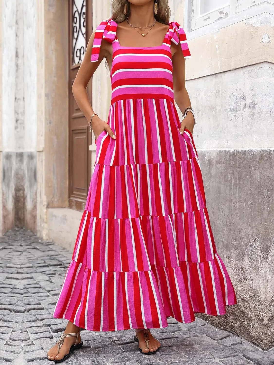 PRETTYGARDEN Womens Dresses 2025 Summer Floral Sleeveless Maxi Dress Casual Spaghetti Strap Tiered Flowy Beach Long Dress