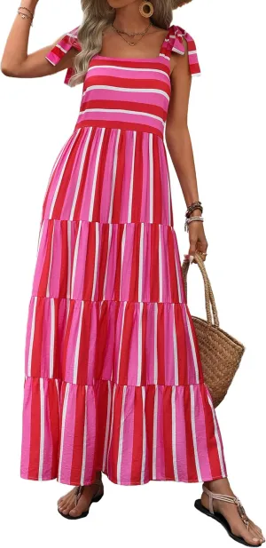 PRETTYGARDEN Womens Dresses 2025 Summer Floral Sleeveless Maxi Dress Casual Spaghetti Strap Tiered Flowy Beach Long Dress