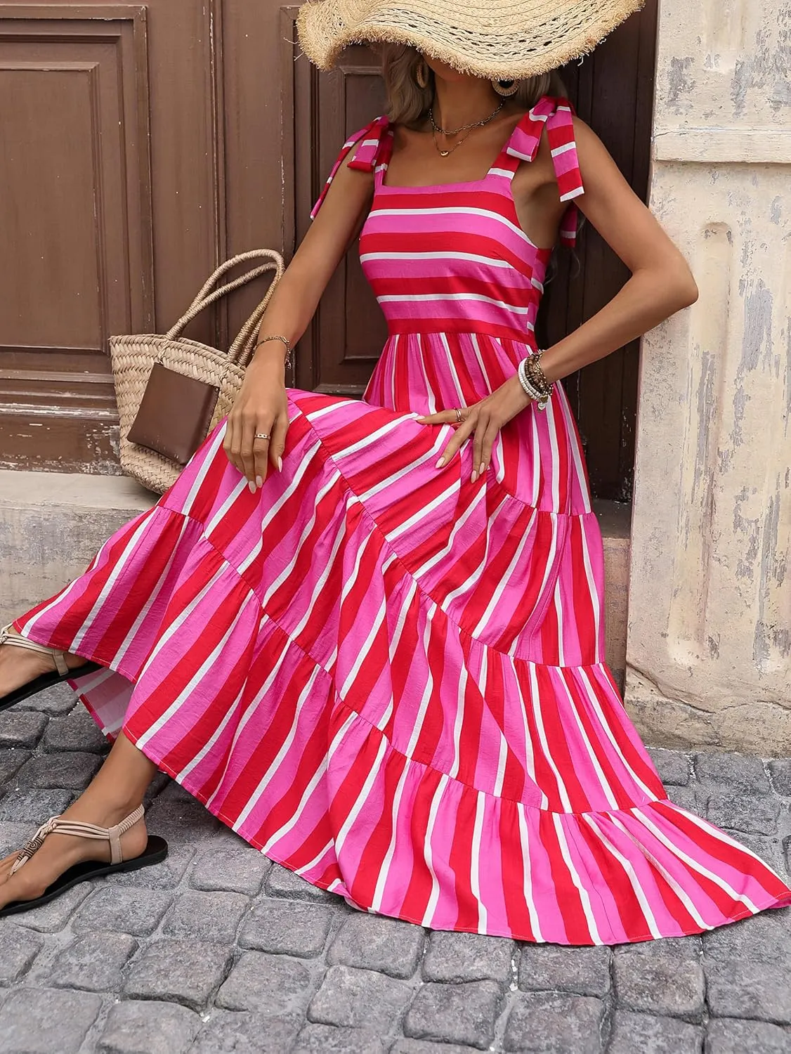 PRETTYGARDEN Womens Dresses 2025 Summer Floral Sleeveless Maxi Dress Casual Spaghetti Strap Tiered Flowy Beach Long Dress