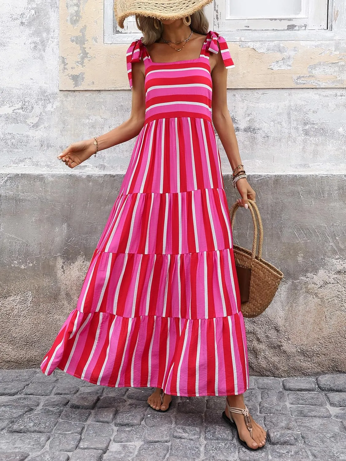 PRETTYGARDEN Womens Dresses 2025 Summer Floral Sleeveless Maxi Dress Casual Spaghetti Strap Tiered Flowy Beach Long Dress