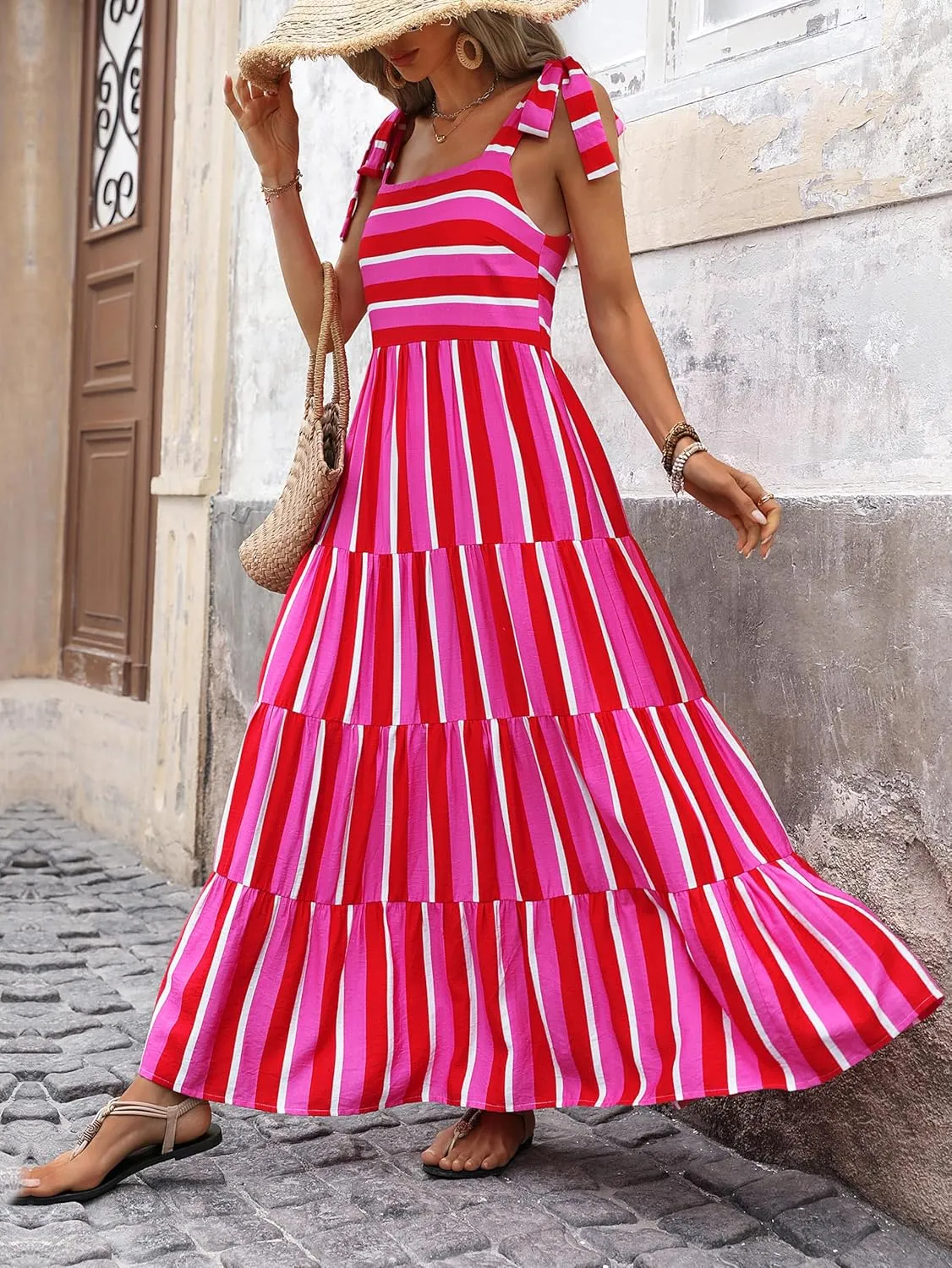PRETTYGARDEN Womens Dresses 2025 Summer Floral Sleeveless Maxi Dress Casual Spaghetti Strap Tiered Flowy Beach Long Dress