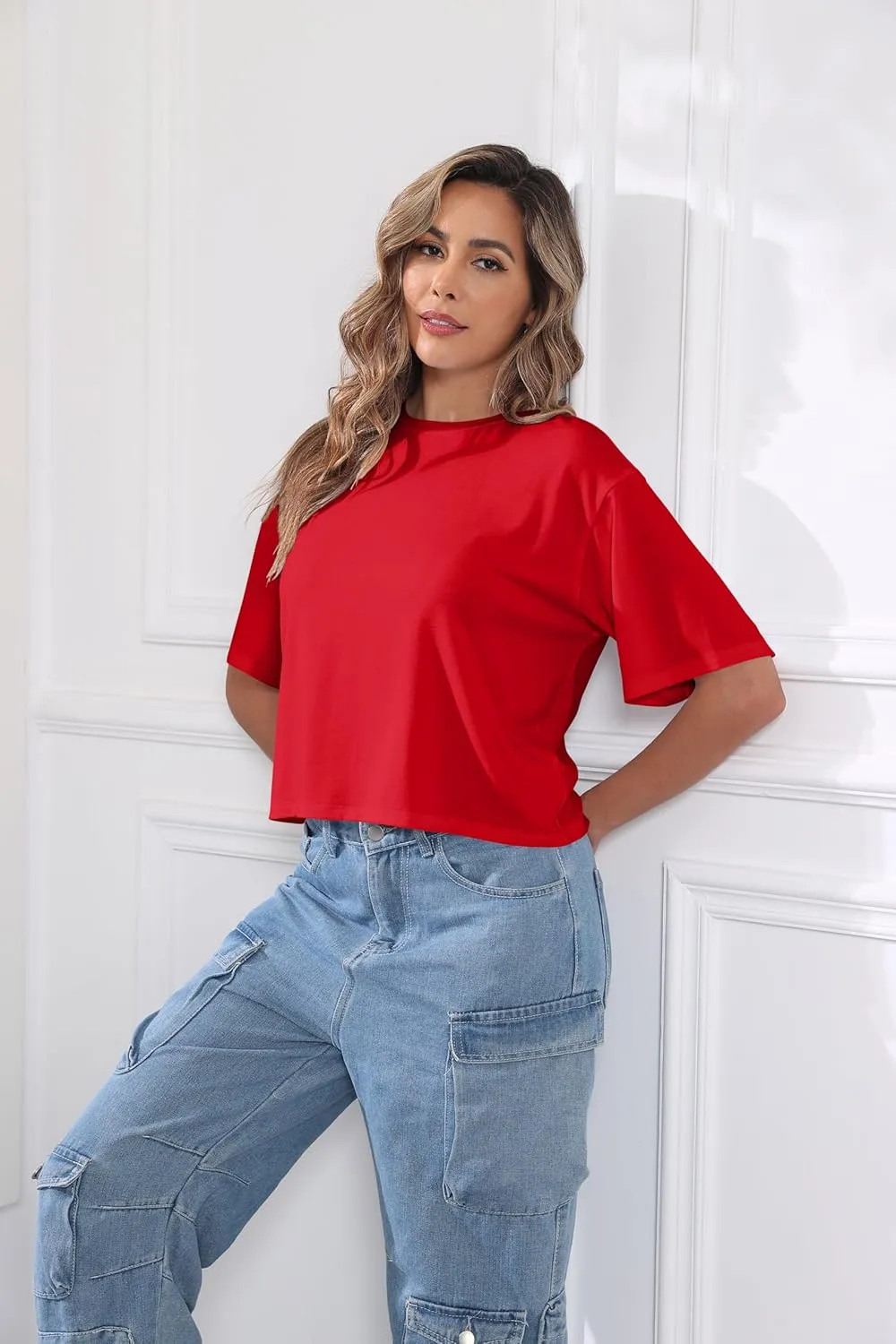 PRIMODA Women's Half Sleeve Loose Cropped T Shirts Drop Shoulder Crew Neck Crop Tops Basic Casual Tee Shirts