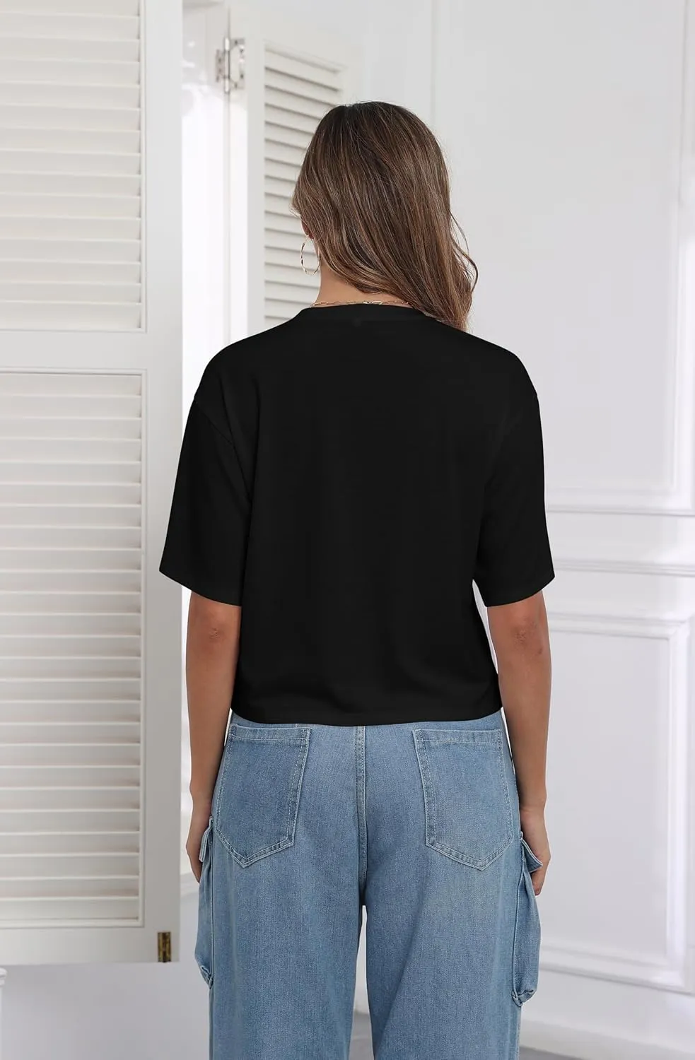 PRIMODA Women's Half Sleeve Loose Cropped T Shirts Drop Shoulder Crew Neck Crop Tops Basic Casual Tee Shirts