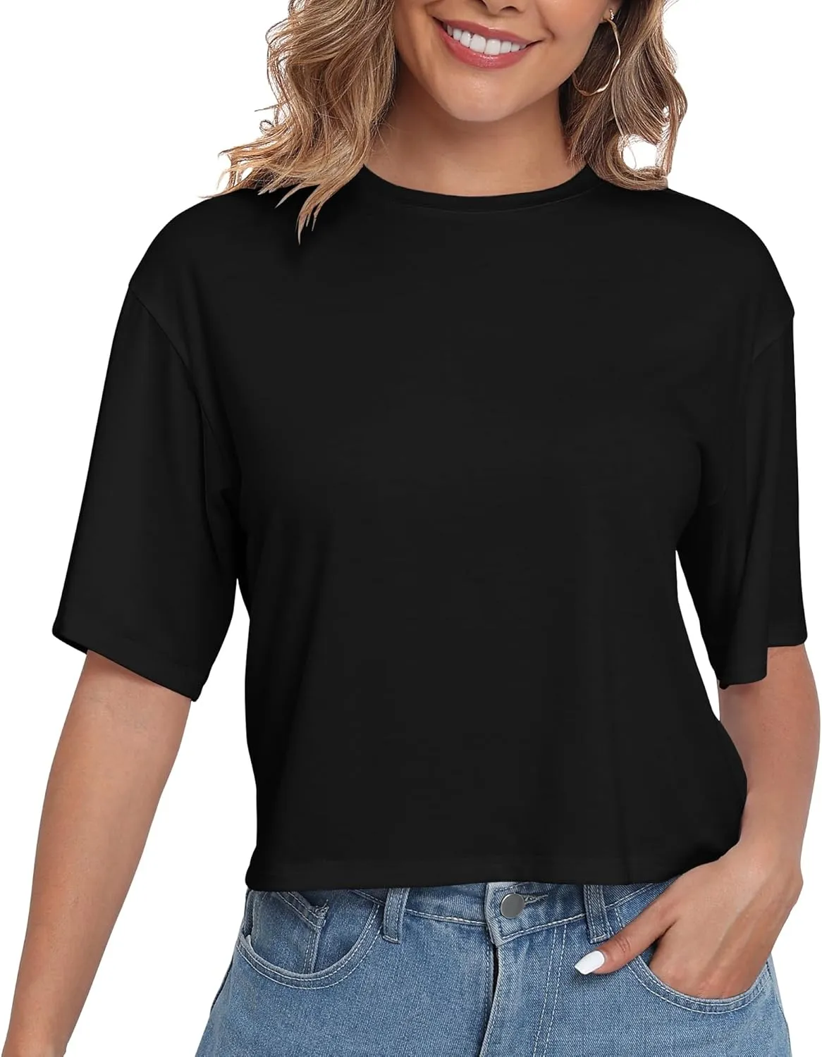 PRIMODA Women's Half Sleeve Loose Cropped T Shirts Drop Shoulder Crew Neck Crop Tops Basic Casual Tee Shirts