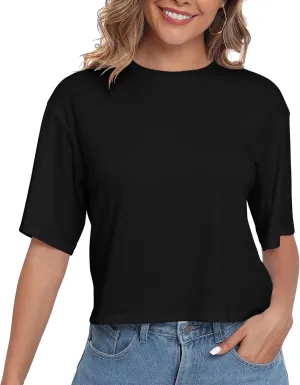 PRIMODA Women's Half Sleeve Loose Cropped T Shirts Drop Shoulder Crew Neck Crop Tops Basic Casual Tee Shirts