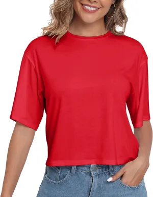 PRIMODA Women's Half Sleeve Loose Cropped T Shirts Drop Shoulder Crew Neck Crop Tops Basic Casual Tee Shirts