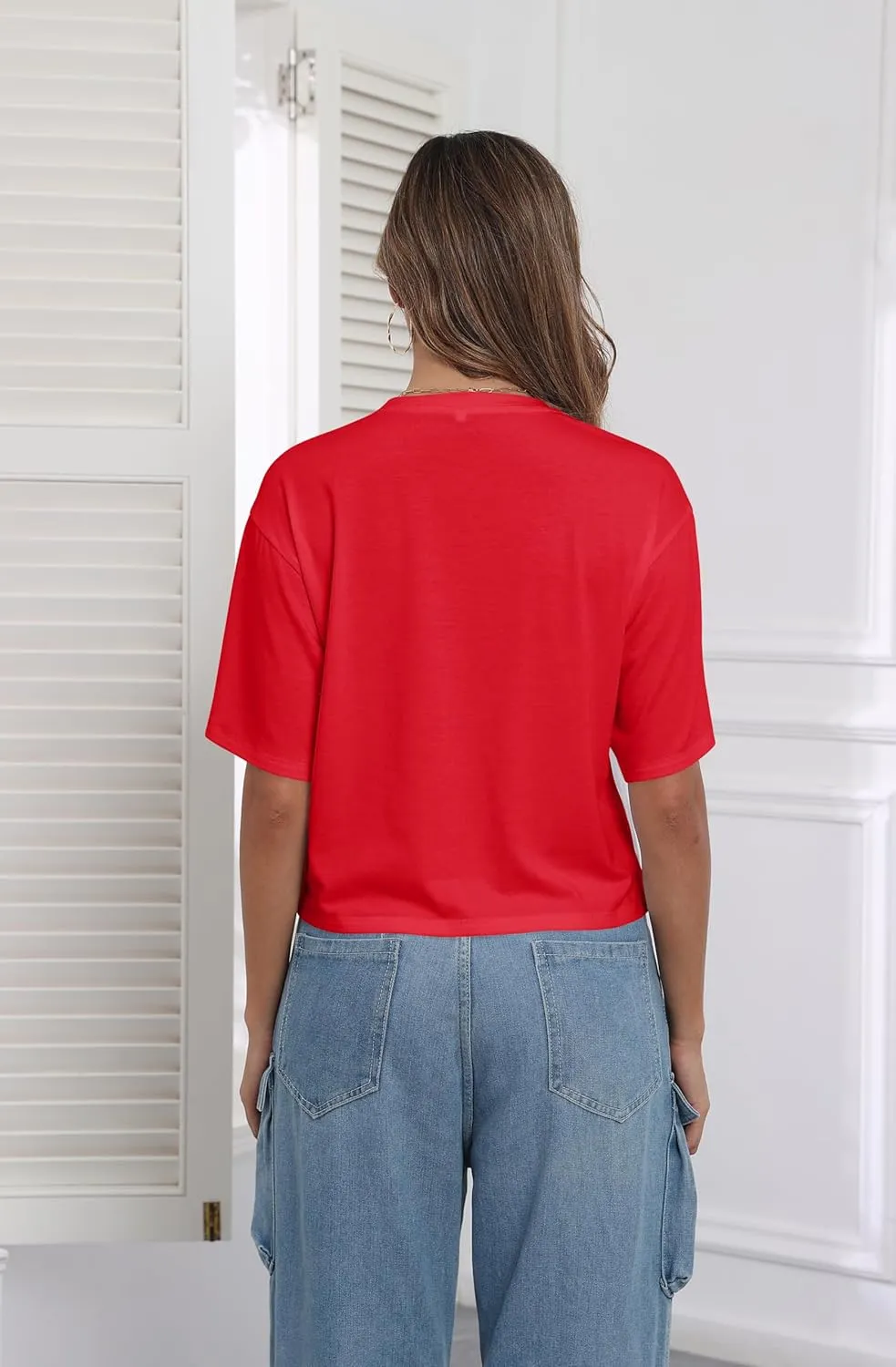 PRIMODA Women's Half Sleeve Loose Cropped T Shirts Drop Shoulder Crew Neck Crop Tops Basic Casual Tee Shirts