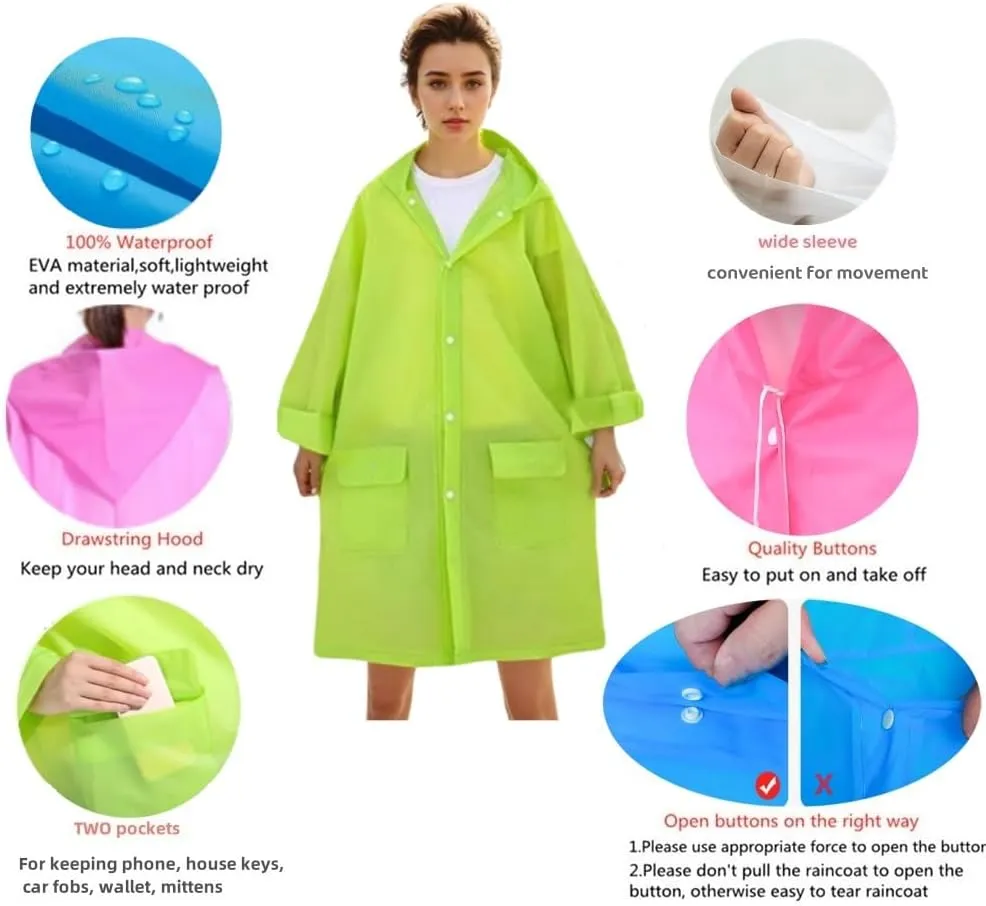 Rain Ponchos for Adults Women and Men 2 PCS Reusable Raincoat Long Rain Jacket Travel Rain Coat with Pocket,Clear