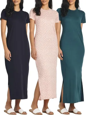 Real Essentials 3 Pack Women’s Casual Short Sleeve Maxi T-Shirt Summer Dress with Slit & Pockets (Available in Plus Size)