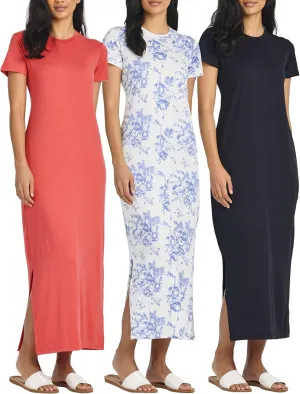 Real Essentials 3 Pack Women’s Casual Short Sleeve Maxi T-Shirt Summer Dress with Slit & Pockets (Available in Plus Size)